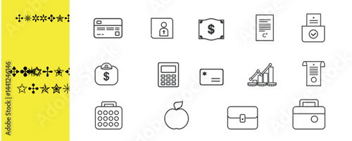 Collection of outline style icons featuring currency related symbols and business themed illustrations