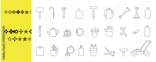 Collection of gardening tools and accessories icons including watering can and lawn mower line art style
