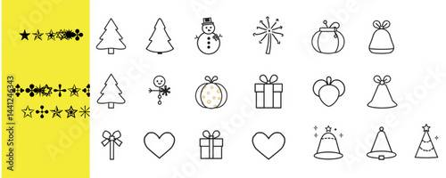 Collection of holiday themed line art icons featuring christmas trees snowman gifts and other festive elements