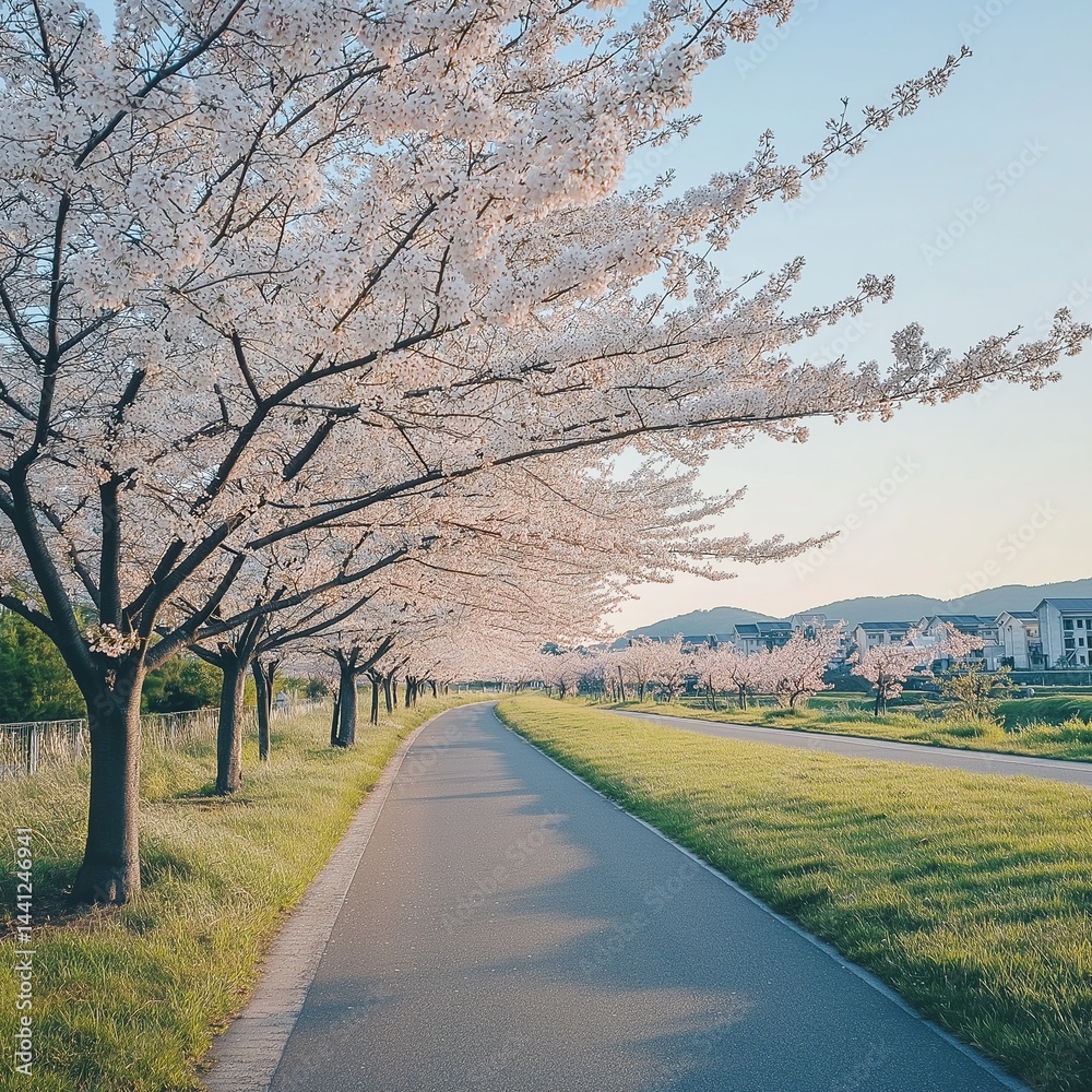 Obraz premium Cherry blossom landscape. Spring landscape. Warm spring air. Spring landscape photo. AI generated.