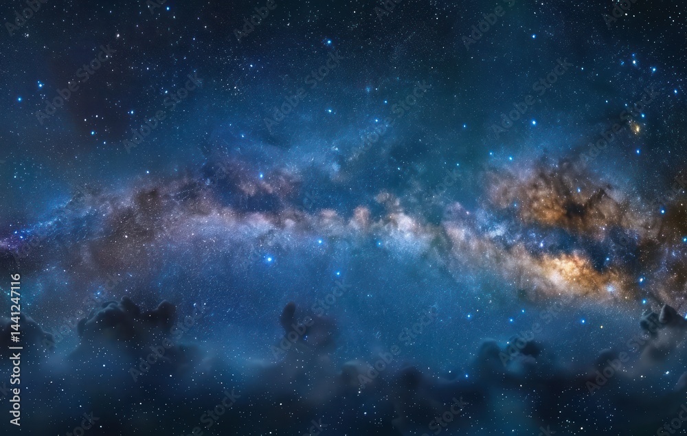 Fototapeta premium Expansive night sky filled with bright stars and a glowing milky way galaxy stretching across the horizon above dark, misty clouds invoking a sense of awe and wonder