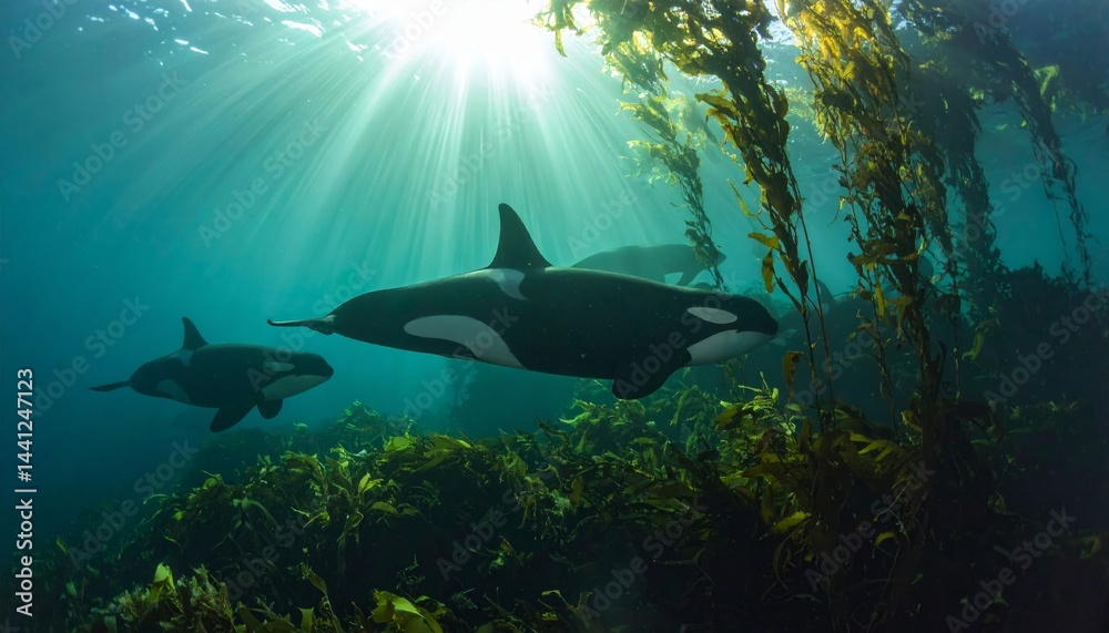 Fototapeta premium Three Marine Mammals Swimming in a Kelp Forest Bathed in Sunlight