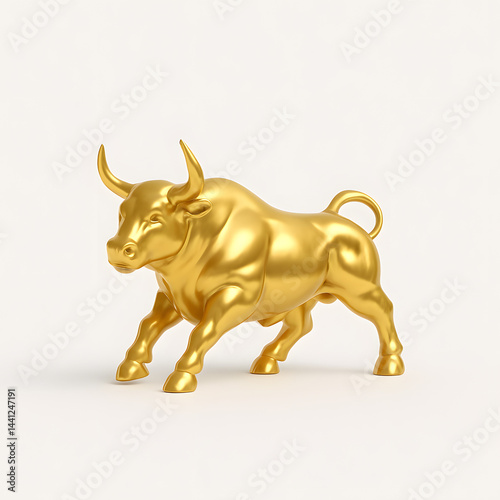Golden bull sculpture on white background — minimalist symbol of bullish financial markets and business growth