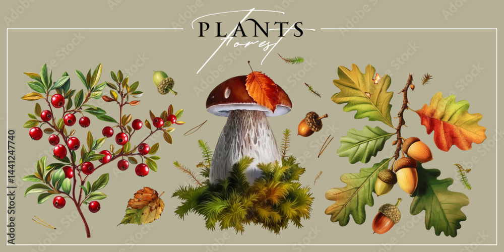 Set of wild forest plants and mushrooms isolated on a neutral background. Vintage painting style illustration.