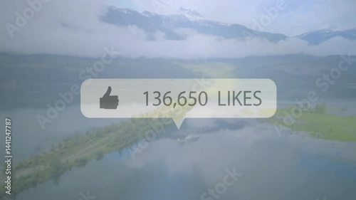 Social media like bubble hovering over peninsula extending into calm lake, showing 243,531 LIKES
