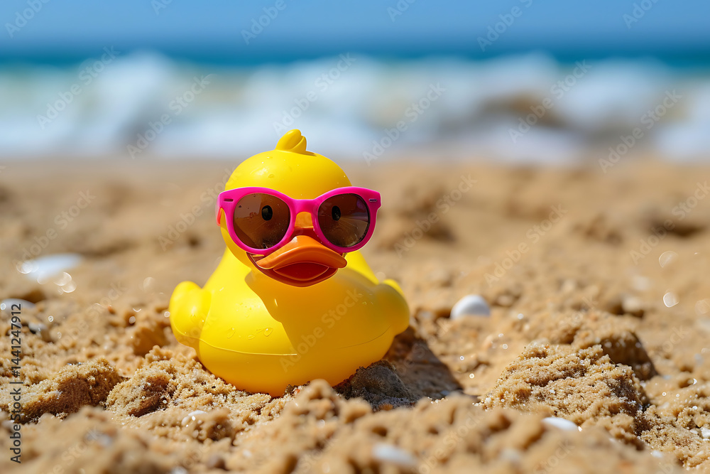 Obraz premium Cheerful Yellow Rubber Duck with Pink Sunglasses on Sandy Beach