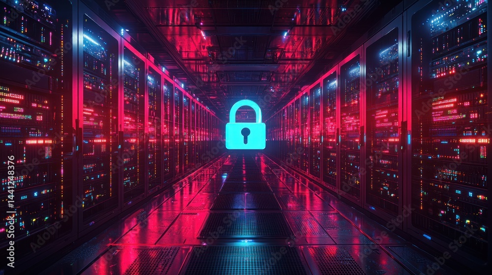 Fototapeta premium A glowing padlock symbol in a server room represents data security.