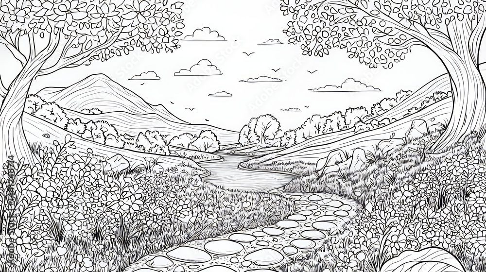 Obraz premium Serene Landscape Coloring Page Featuring Trees, Stream, and Mountains