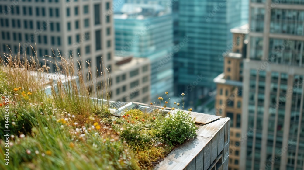 A breathtaking rooftop garden bursts with colorful flowers and lush greenery, contrasting beautifully with the towering buildings that surround it. This urban oasis thrives in the sun.