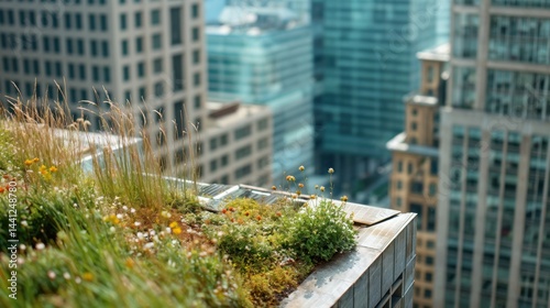 Obraz na płótnie A breathtaking rooftop garden bursts with colorful flowers and lush greenery, contrasting beautifully with the towering buildings that surround it. This urban oasis thrives in the sun. w salonie