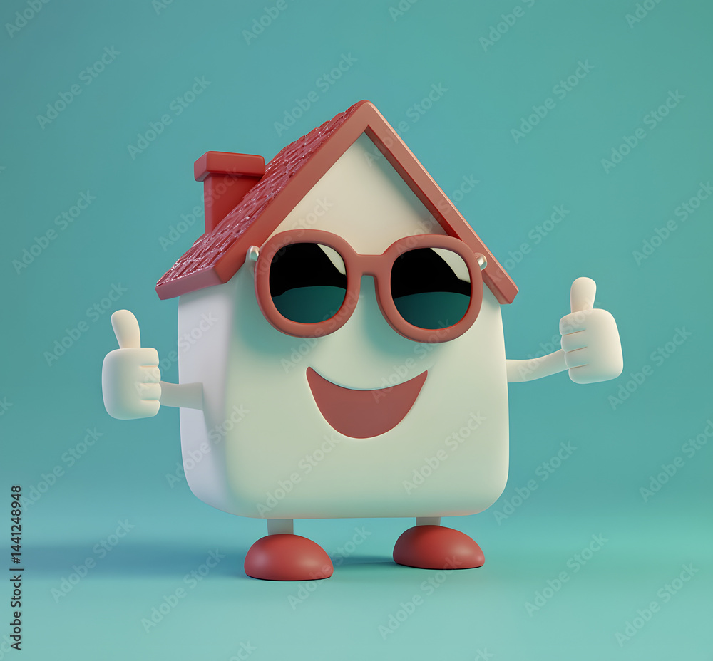 Fototapeta premium Happy House Character with Sunglasses Giving Thumbs Up