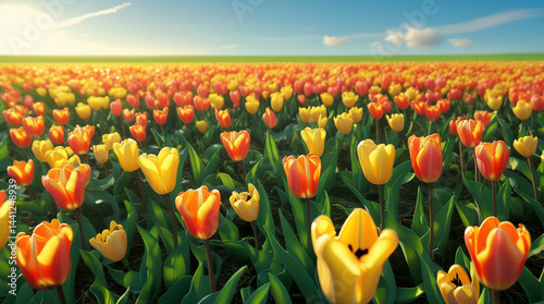 A vibrant field of bright orange and yellow tulip flowers bathed in warm sunlight, creating a cheerful and abundant springtime scene.