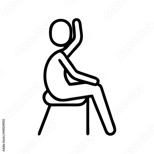 Minimalist black outline icon of person in seated chair yoga twist pose on white background, vector symbol for flexibility, gentle movement and office wellness