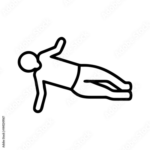 Minimalist black outline icon of person in side plank yoga pose on white background, simple vector symbol for core strength, balance and body stability training