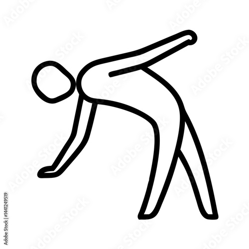 Minimalist black outline icon of person doing side bend stretch on white background, simple vector symbol for warm-up, fitness and flexibility training