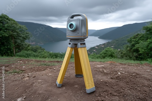 Surveying Equipment with Mountain Lake View.