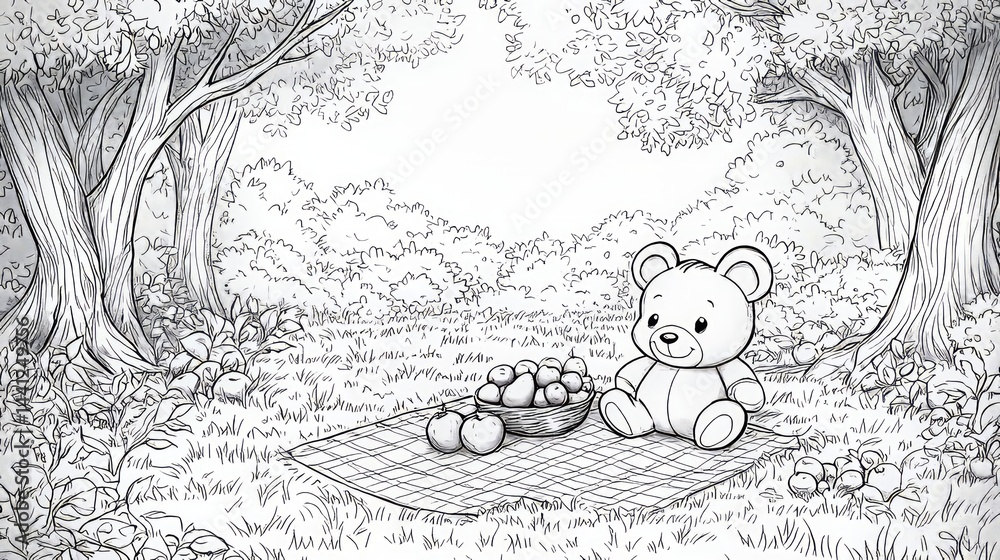 Naklejka premium Cute Teddy Bear in a Serene Forest Setting with Apples and Blanket