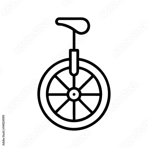 Minimalist black unicycle icon in flat vector outline style, single-wheel circus or balance vehicle symbol with saddle, isolated on white background