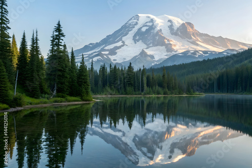 Tranquil Mountain Reflections on a Serene Lake Keywords: mountain, lake, reflection, nature, pine trees, snow-capped, scenic, peaceful, landscape, morning light