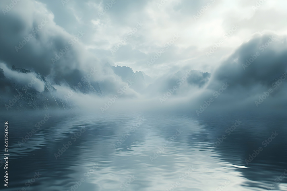 Obraz premium Misty mountain valley scene with calm lake.
