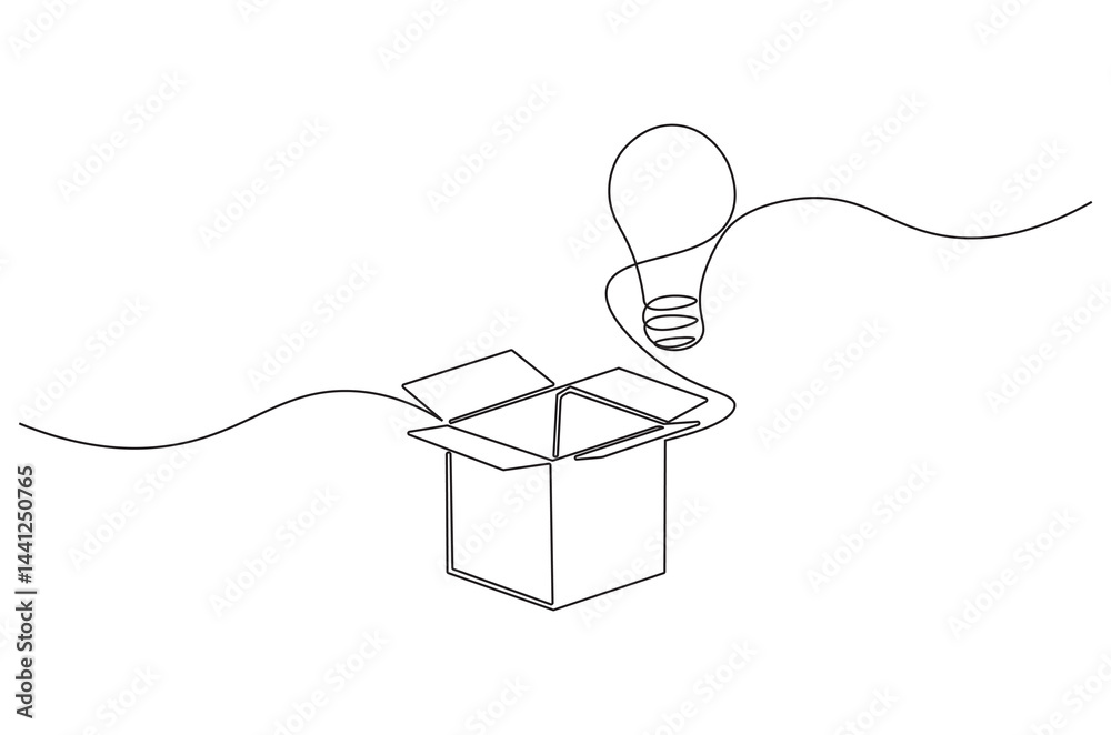 Obraz premium Continuous one line drawing of Opened box with light bulb. Single line drawing illustration of Think Outside The Box. Creative idea concept vector art. Doodle line illustration.