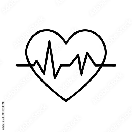 Line icon of heart with heartbeat waveform, symbol of health, life energy, medical monitoring, emotional rhythm and wellness balance on white background