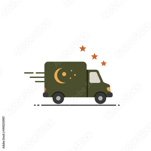 Delivery Truck with Moon and Stars Icon. Night Courier Delivery, Logistics. E-commerce, Shipping, Web/App Symbol