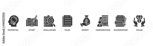 Due diligence banner web icon illustration concept with icon of potential, study, evaluating, files, invest, corporation, examination and value