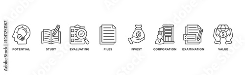 Due diligence banner web icon illustration concept with icon of potential, study, evaluating, files, invest, corporation, examination and value