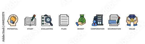 Due diligence banner web icon illustration concept with icon of potential, study, evaluating, files, invest, corporation, examination and value