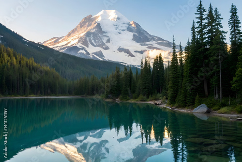 Tranquil Mountain Reflections on a Serene Lake Keywords: mountain, lake, reflection, nature, pine trees, snow-capped, scenic, peaceful, landscape, morning light