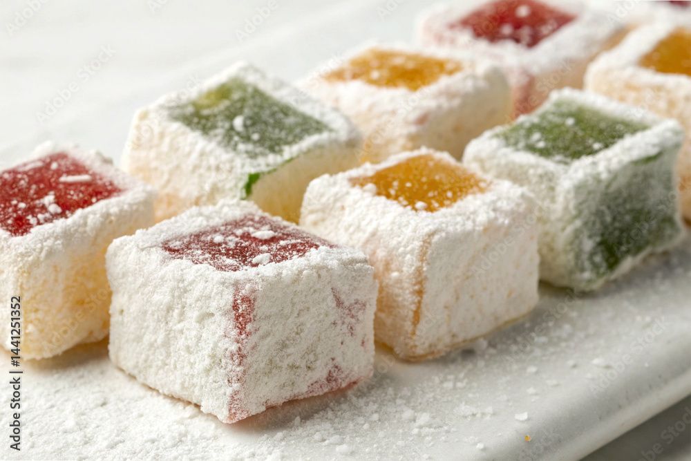 Authentic Turkish Delight Cubes Coated in Powdered Sugar on White Background Authentic Turkish Delight Cubes Coated in Powdered Sugar on White Background