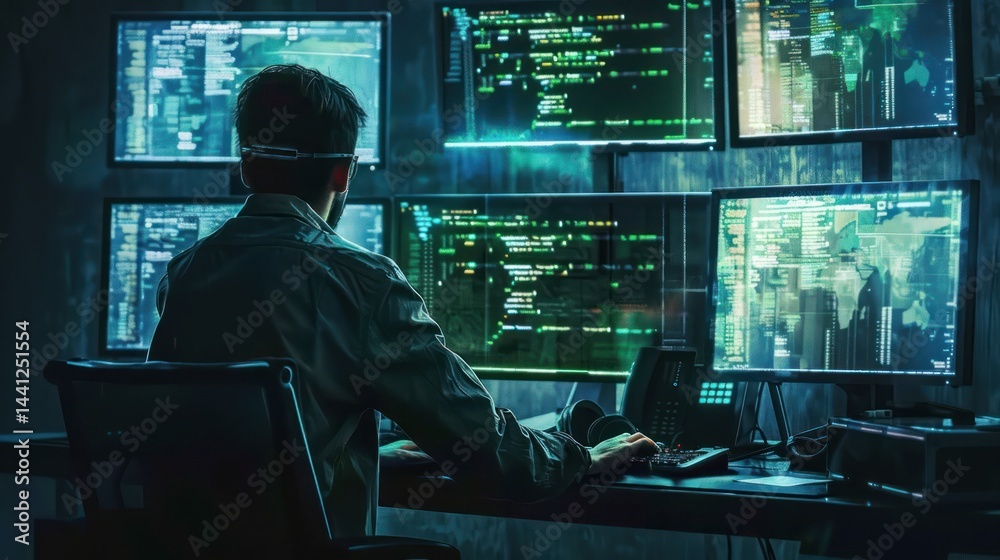 Fototapeta premium Person sitting in a dark room working intensely on multiple computer monitors displaying code and data visualizations, creating a focused and tech-driven atmosphere