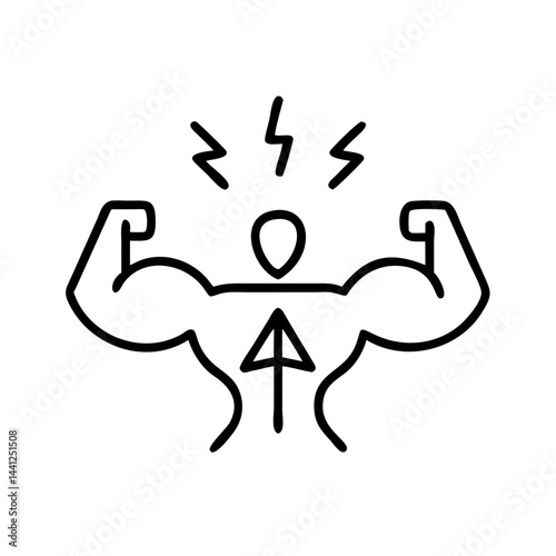 Line icon of strong flexing figure with lightning and upward arrow, symbol of power, energy boost, growth and personal empowerment