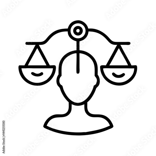 Minimalist black outline icon of human head with balanced scales above, symbolizing justice, ethics and decision-making on white background