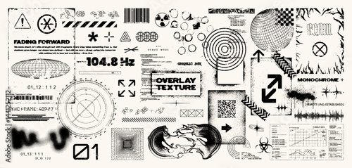 Grunge textures with a worn effect for the overlay effect. Elements - icons, 3D objects, retro futuristic tables, lettering, signs, symbols, stamps with a worn effect. Overlay stamps. Vector graphic