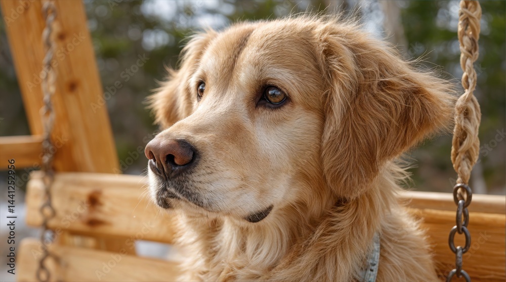 A golden retriever relaxes on a wooden swing, gazing thoughtfully into the distance, with lush greenery in the background under a soft sky, capturing a tranquil outdoor atmosphere.