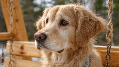 Obraz na płótnie A golden retriever relaxes on a wooden swing, gazing thoughtfully into the distance, with lush greenery in the background under a soft sky, capturing a tranquil outdoor atmosphere. w salonie