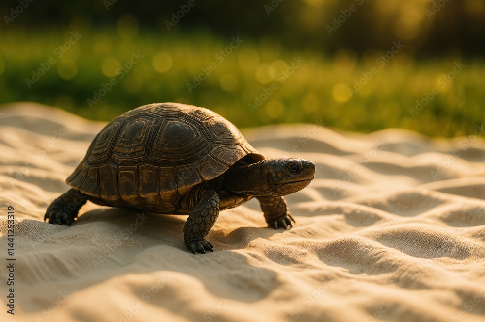 A tortoise crawls steadily over a light-colored surface while basking in the warm glow of the setting sun, surrounded by lush greenery in a peaceful outdoor environment.