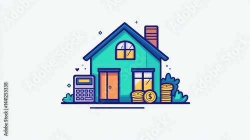 House with calculator and coins, home finance, digital illustration