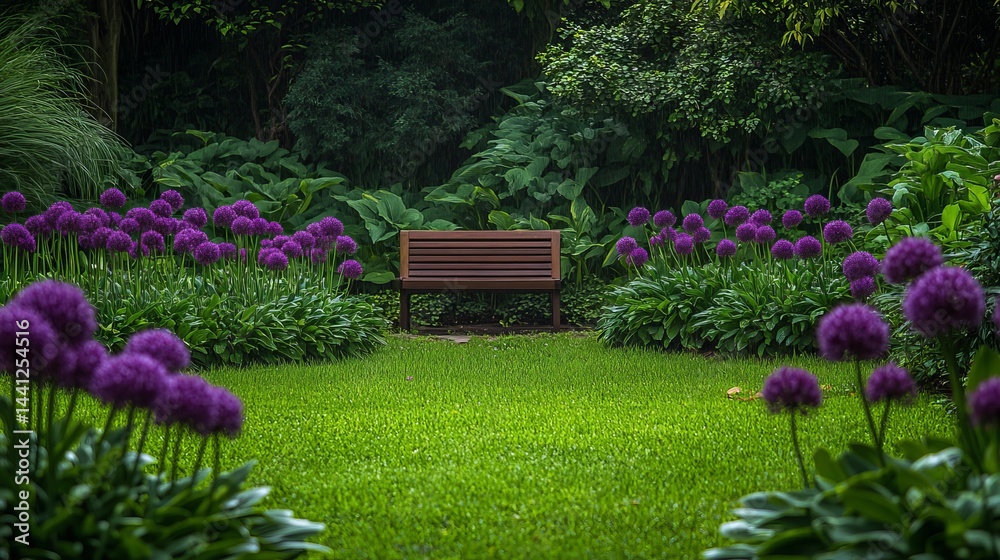 Naklejka premium Serene Garden Scene Wooden Bench Purple Allium Flowers Lush Green Grass Tranquil Peaceful Backyard Summer Nature Beauty Relaxing Landscape Design Idyllic Outdoor Space Perfect 