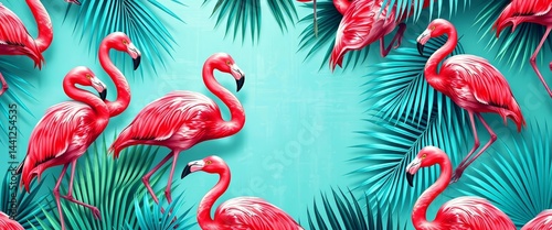 Pink flamingos & turquoise palm leaves in a tropical grunge seamless pattern, ocean, leaves