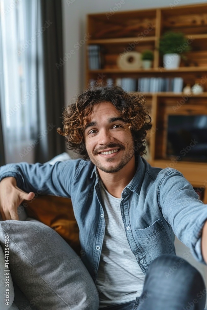 Fototapeta premium Smiling young man with curly hair sitting on a couch in a cozy living room taking a selfie, warm and relaxed atmosphere