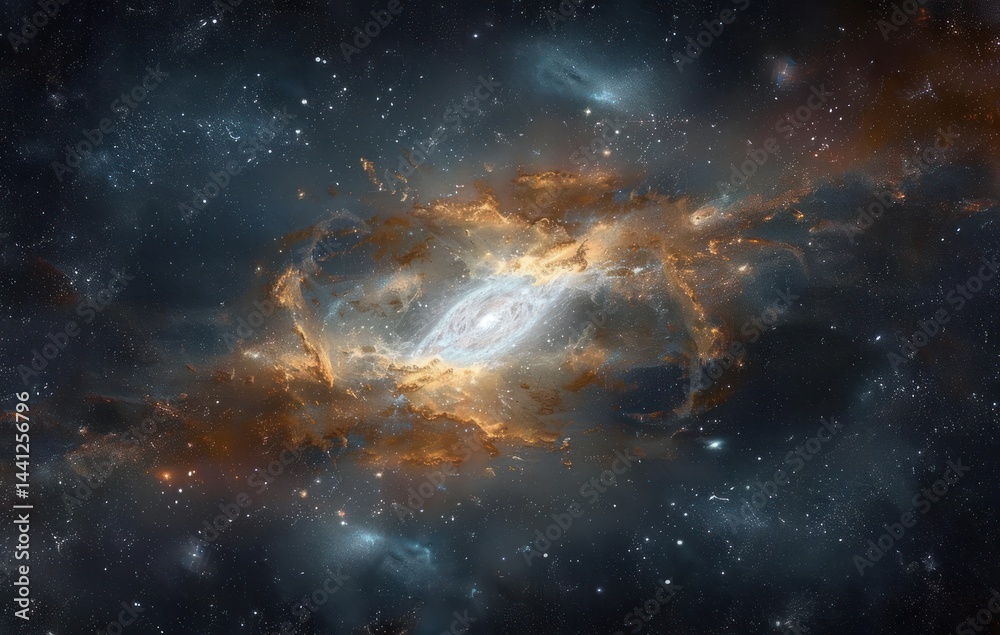 Fototapeta premium vast spiral galaxy emitting bright blue and warm orange glowing gases surrounded by countless distant stars in deep space, evoking a sense of cosmic wonder and infinite mystery