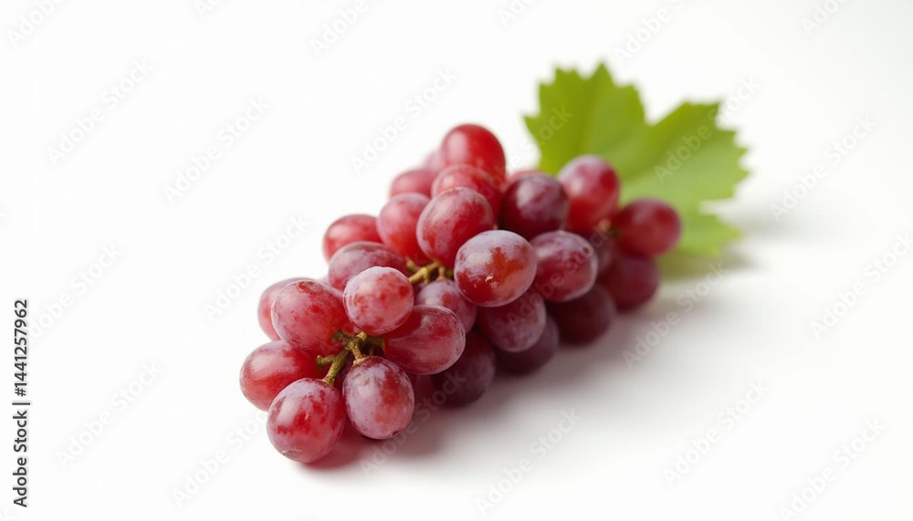 Fototapeta premium A beautiful bunch of delicious red grapes, with a leaf on a white surface, perfect for eating.