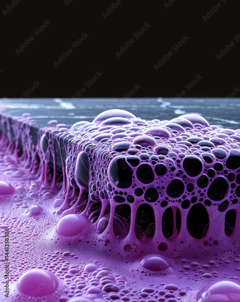 In a lively art studio, purple bubbles rise and pop, creating a mesmerizing abstract formation on a wooden surface, showcasing the beauty of color and texture combined.