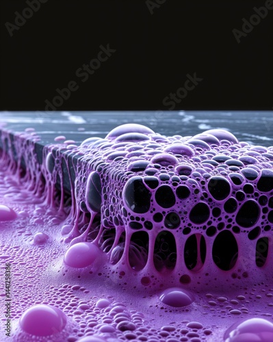 Obraz na płótnie In a lively art studio, purple bubbles rise and pop, creating a mesmerizing abstract formation on a wooden surface, showcasing the beauty of color and texture combined. w salonie