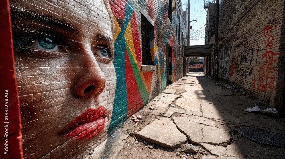 Colorful murals dominate the brick walls of a narrow alley, highlighting a mesmerizing face and vibrant geometric patterns. The sunlight casts dramatic shadows on the cracked pavement.