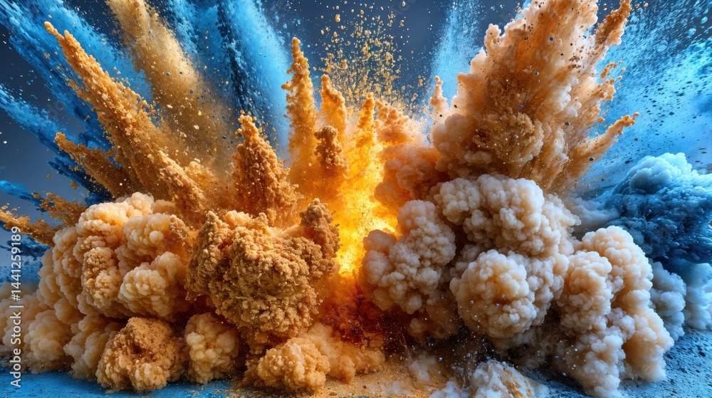 A striking explosion radiates vivid colors of orange, blue, and gold, creating an energetic spectacle against a dark canvas. The chaotic mixture captivates with intense motion and texture.