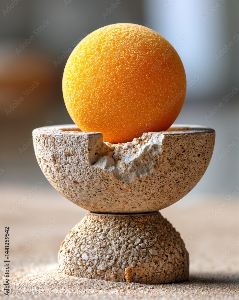 A striking yellow sphere sits atop a creatively crafted stone base, contrasting soft color with rugged texture. The scene captures a warm ambiance, perfect for interior decor enthusiasts.